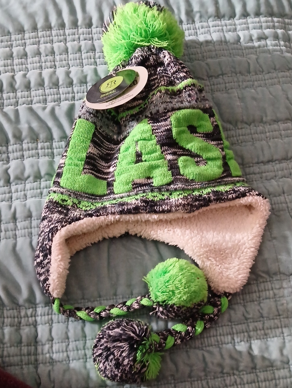 Adult Robin Ruth Pom-Pom Earflap Beanie in Bright Green and Black, Alaska